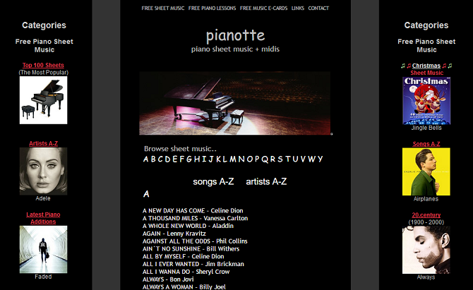 Screenshot of the free music website Pianotte.