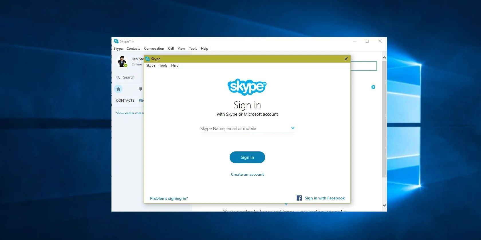 Two Skype windows on a Windows 10 desktop