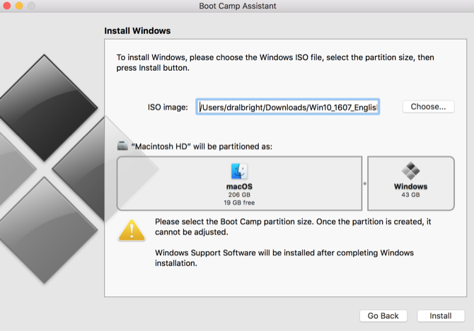 Boot Camp installation window setting partition size for Windows and Mac