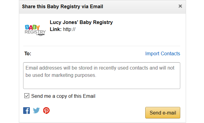 amazon baby registry email share box