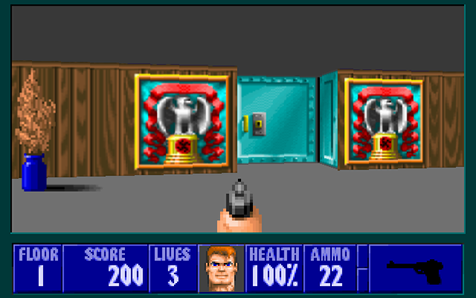The player standing in front of a locked door on the browser FPS Wolfenstein 3D