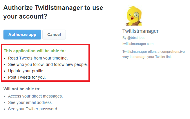 Twitter tools: giving account access