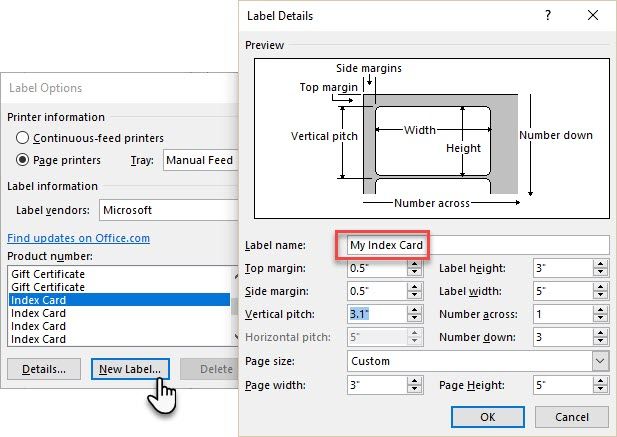 how to print on 3x5 card in word 2016