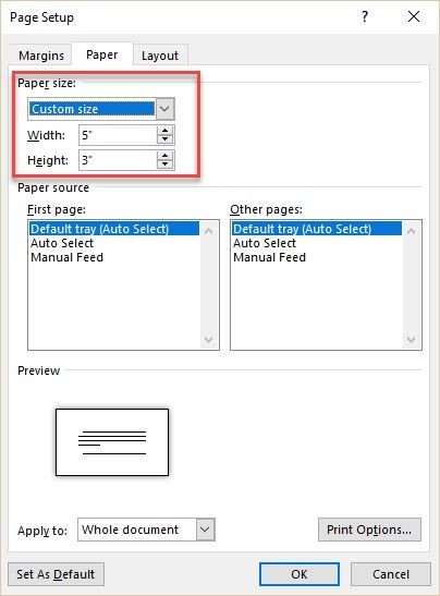 how to print on 3x5 card in word 2016