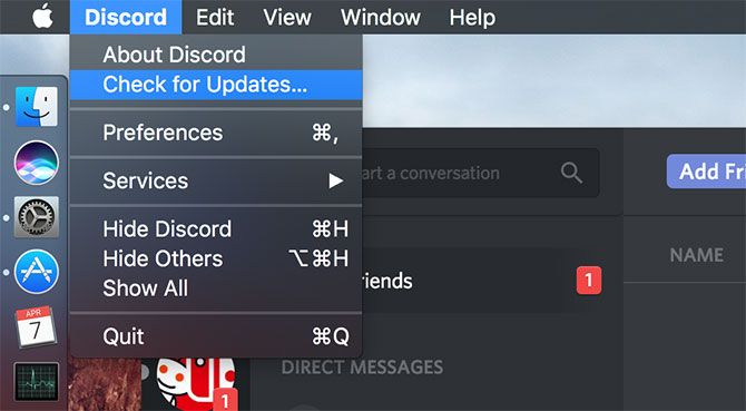 Check for updates option in Mac menu bar