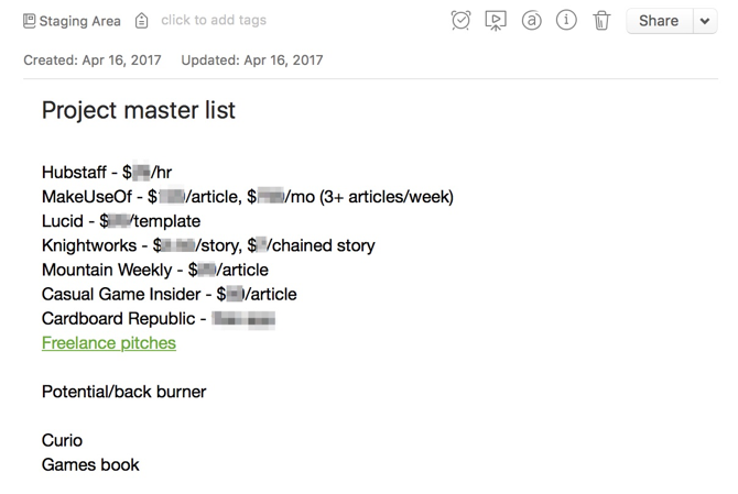 Evernote project management master list