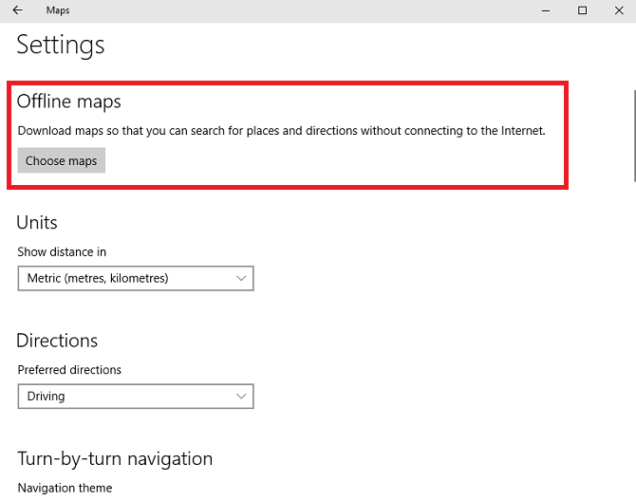 maps settings offline windows 10