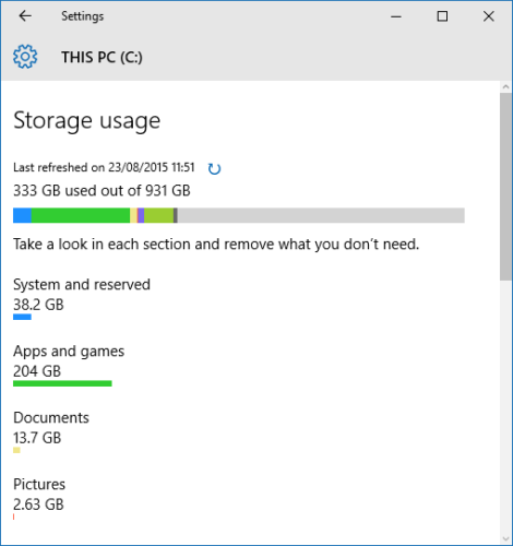 windows 10 storage usage space