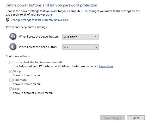 windows 10 power button options