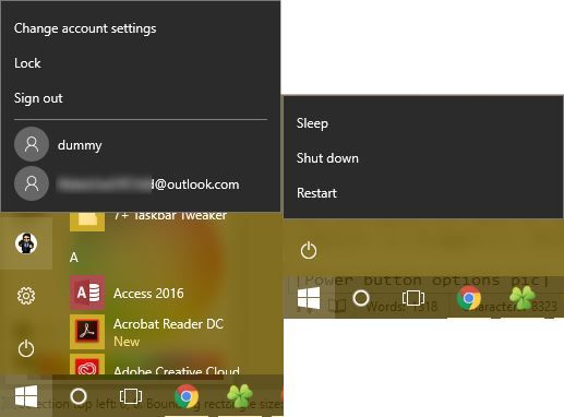 windows 10 start menu power options