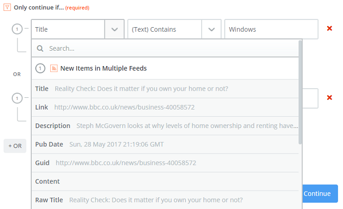 rss by zapier filter choose