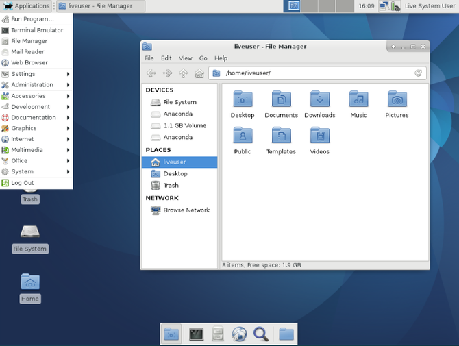 Xfce application menu and file browser