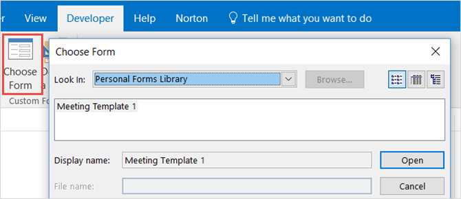 outlook desktop choose form template