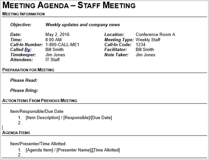 staff meeting outline agenda