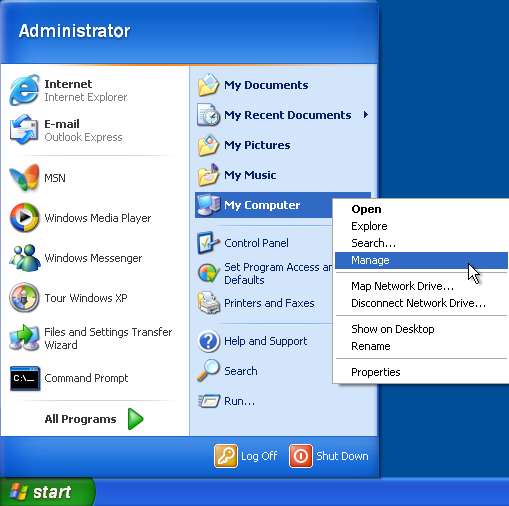 Windows XP Manage Computer