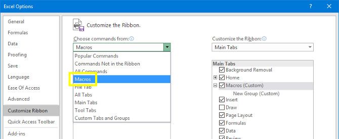 excel choose commands from