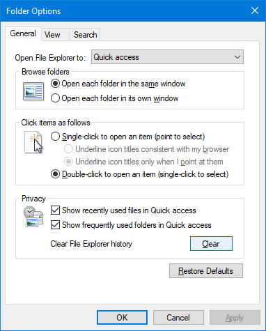 folder options clear history file explorer