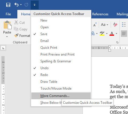 word quick access drop-down