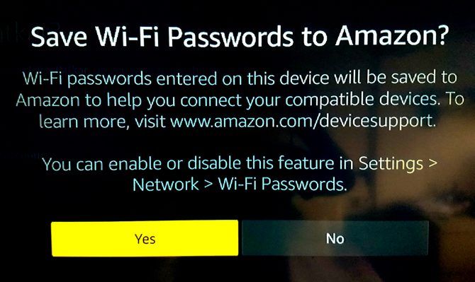 Setting up Amazon Fire TV Stick: save wi-fi passwords to Amazon?