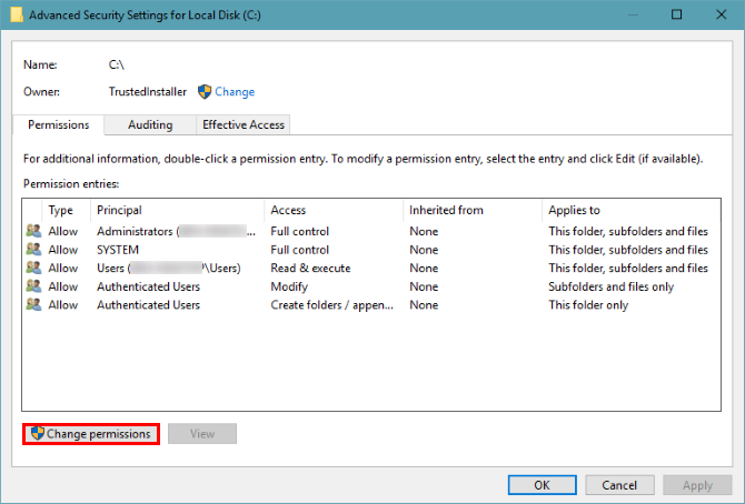 windows disk advanced security settings