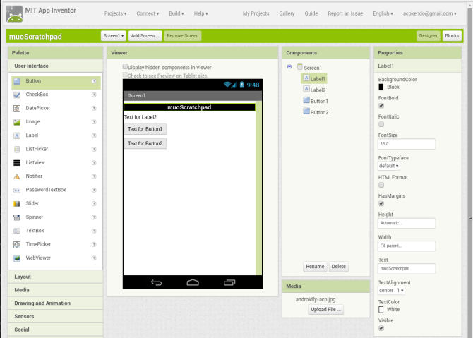 android create app appinventor screen1 labelconfig