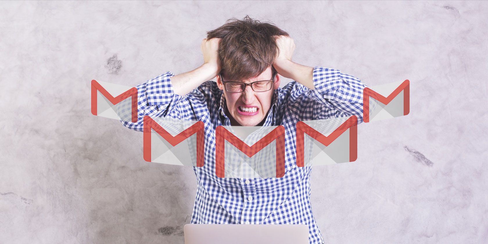 five Gmail app logos on a background of an annoyed person