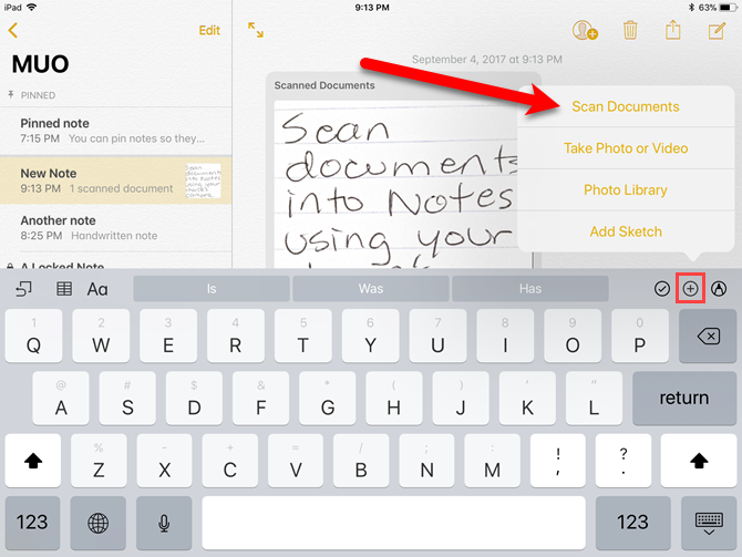scan documents into notes ios 11