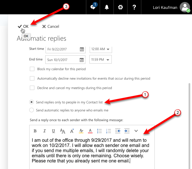 out of office email reply outlook.com