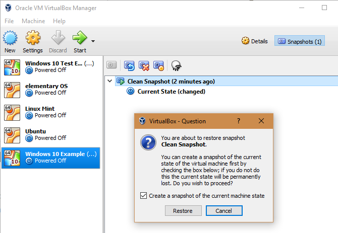 VirtualBox Restore Snapshot