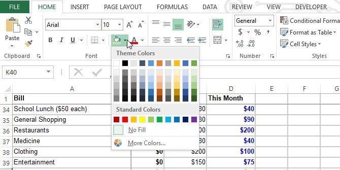 Excel Formatting Using Fill Tool