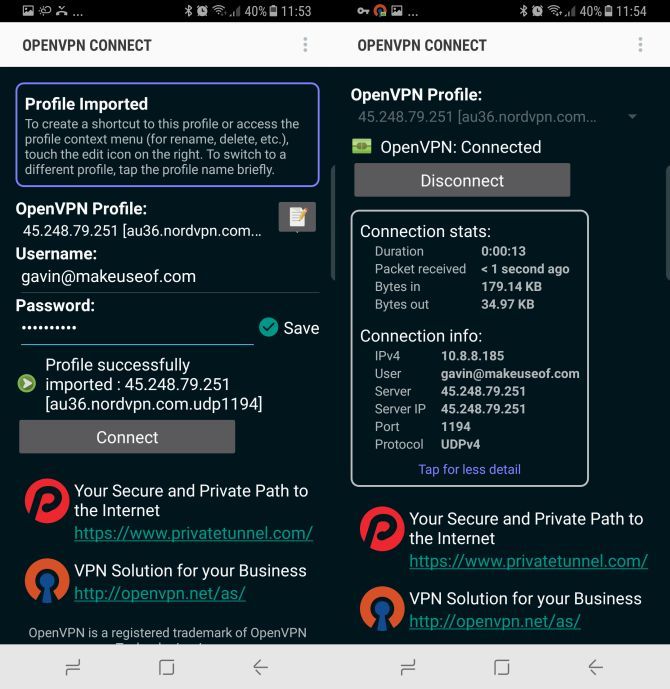 openvpn connected and info pages