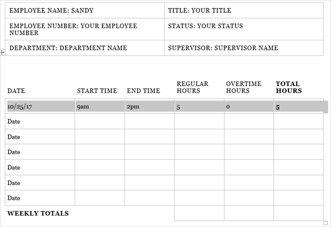 timesheet template track hours weekly word