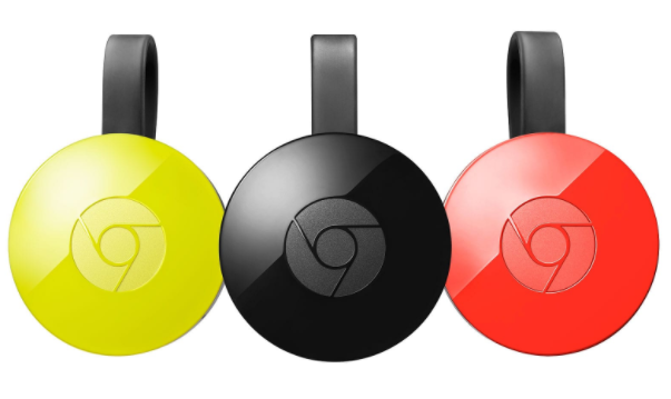 Three colorful Google Chromecast devices