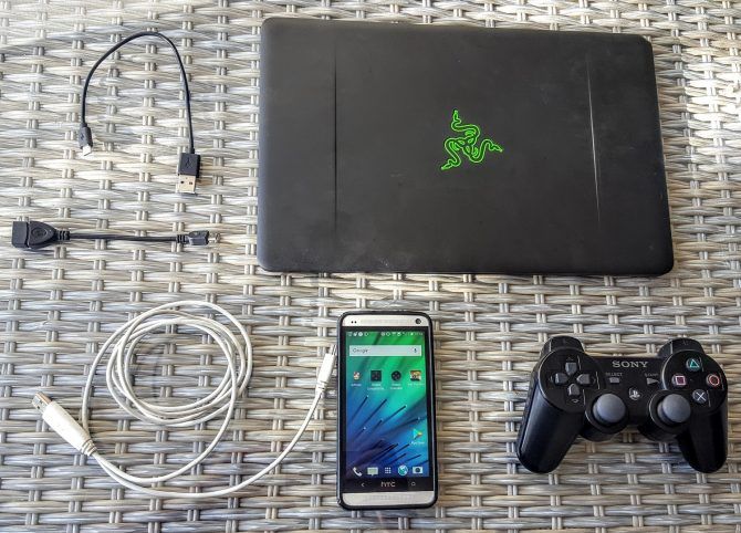laptop, ps3 controller, and Android phone