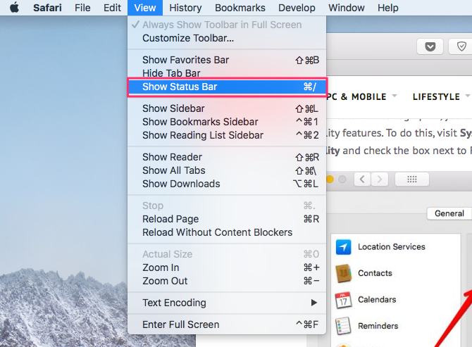 Showing the status bar in Safari via the View menu