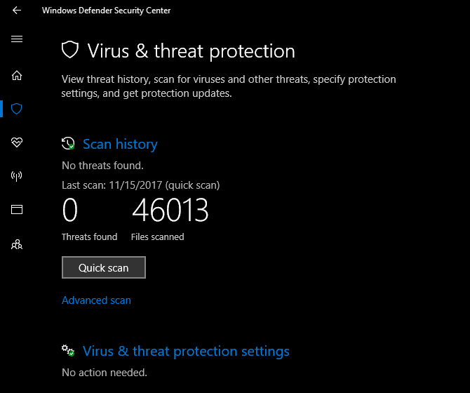Windows Defender Security Center Virus and Threat Protection