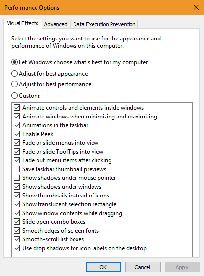 Windows Performance Options