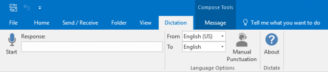 The Dictation tab of Microsoft Outlook