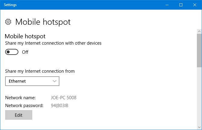 Windows 10 Mobile Hotspot Settings