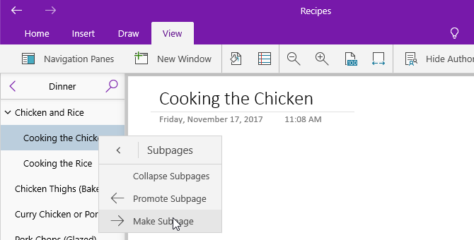 adding subpages in onenote