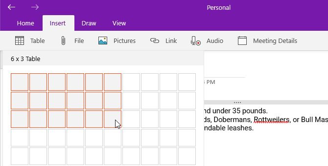 inserting a table in onenote