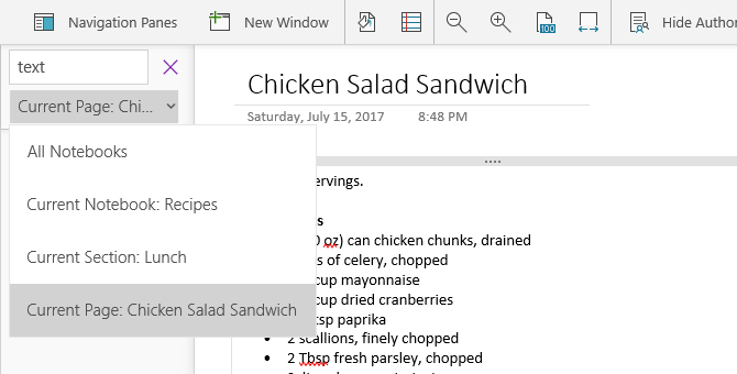 searching for text in onenote