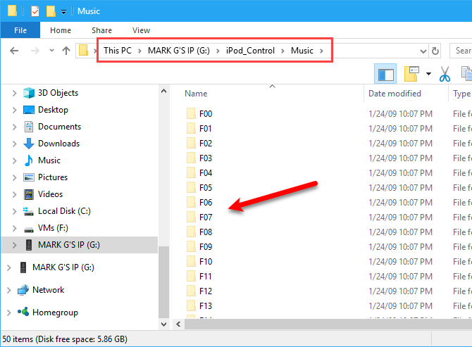 iPod music in File Explorer