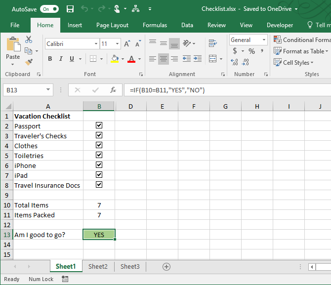 add an excel checklist