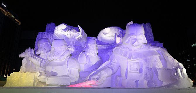 Star Wars snow behemoths lit up at night