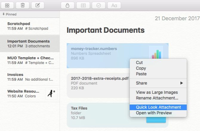 Apple Notes' Quick Look Attachment for quickly viewing files