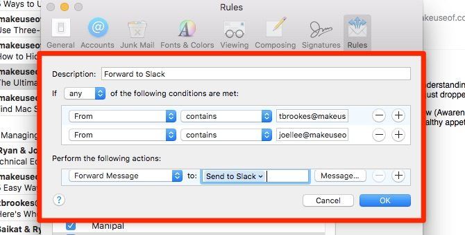 forward to slack - apple mail rules