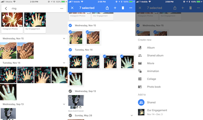 Creating a new album in Google Photos by selecting images