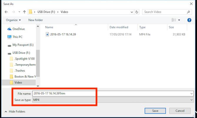 Saving a new trimmed video in Windows
