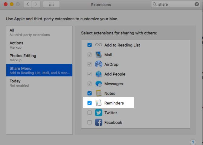 Make sure Reminders is enabled in Settings &gt; Extensions &gt; Share Menu